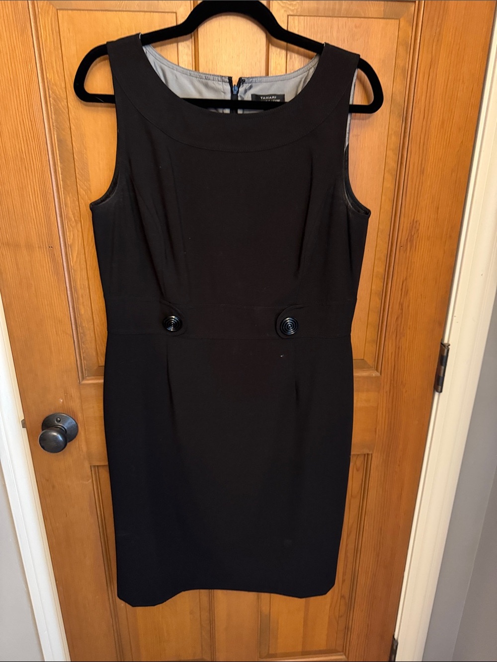 Tahari ASL Black Sleeveless Sheath Dress with Waist Button Detail